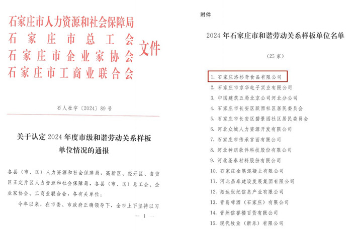 喜報！公司榮獲“2024年度石家莊市和諧勞動關系樣板單位”